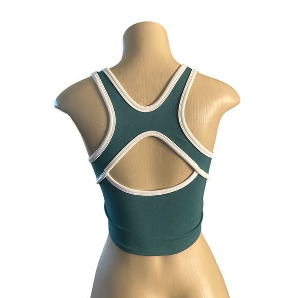 Women S M Free People FP Movement Cross Bar Cami Green White Crop Tank Top - Picture 4 of 6